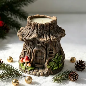 Tree house candle in stump-shaped holder with mushroom detail