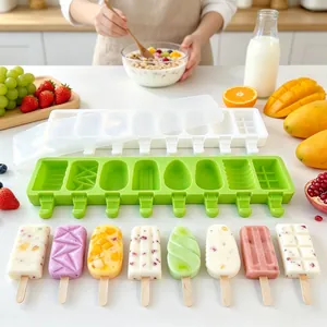 Detail view of 8-cavity silicone popsicle mold with colorful geometric ice cream