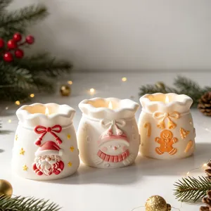 Three festive Christmas-themed lucky bag shaped containers in a warm holiday setting