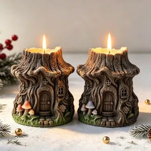 Close-up of two fairy house scented candles with realistic tree bark texture