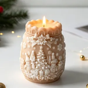 Detailed view of a Christmas bag scented candle with intricate 3D festive carvings
