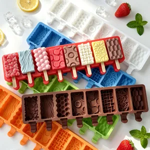 Detailed view of colorful 8-cavity geometric silicone popsicle molds and finished ice cream.