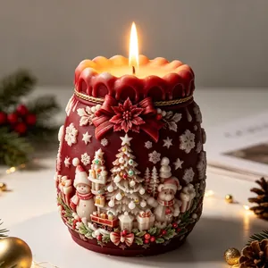 Detailed close-up of a festive Christmas jar candle with intricate 3D relief carvings