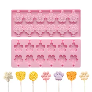 DIY pink silicone flower and cartoon bear shape chocolate lollipop mold for kids