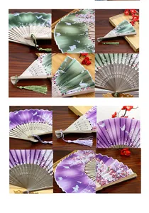 Multi-angle detail shots of silk-like floral folding fans with bamboo ribs and tassels