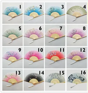 Variety display of sixteen elegant floral folding fans with bamboo ribs and silk fabric