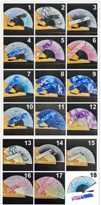 Collection of 18 folding fans with matching floral sleeves and silk tassels.