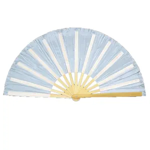 Detailed view of a light blue Tai Chi Kung Fu folding fan with natural wooden ribs