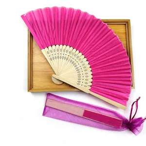 Elegant hot pink folding bamboo hand fan set with a purple organza drawstring gift bag
