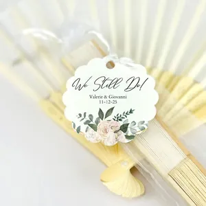 Custom personalized wedding favor bamboo silk folding fan with floral decorative tag