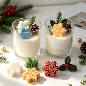 Close-up of festive Christmas snowflake and holly leaf wax melts with jar candles on white