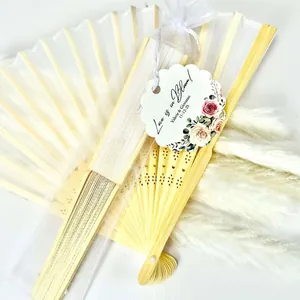 Elegant cream white bamboo silk folding fan wedding favor with floral gift tag