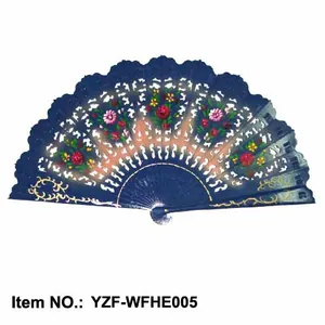 Abanico plegable de madera de estilo español azul oscuro con coloridos motivos florales