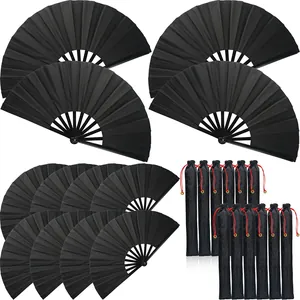 Set mit 12 schwarzen chinesischen Faltfächern Kung Fu mit Samt-Kordelzugbeuteln