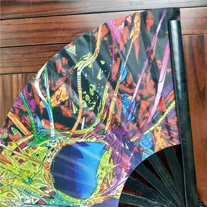 Close-up detail of 33cm Kung Fu folding fan featuring a vibrant abstract rainbow pattern