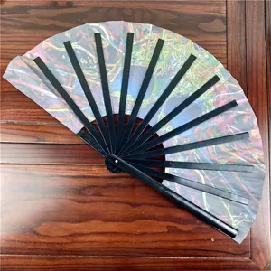 Detailed view of a 33cm Kung Fu folding fan with colorful holographic glitter fabric