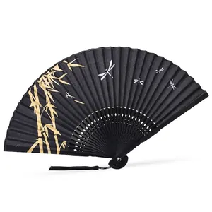 Éventail Pliant Zen de Style Japonais Cadre en Bambou Polyester Coton Imprimé Libellule Paysage à l'Encre Avec Gland