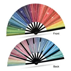 Detailed view of the 33cm rainbow glitter folding fan featuring a black plastic frame