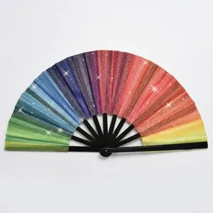 Macro detail of 33cm rainbow folding fan featuring vibrant colors and glitter finish