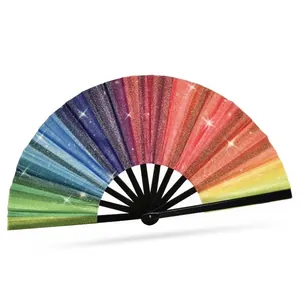 Large Kung Fu Folding Fan Rainbow Glitter Hand Fan Bamboo Frame Performance Handheld Fan For Party Dance Decorative Gift