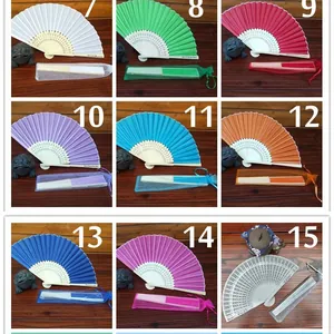 Chinese style folding silk fans in various colors with matching pouches
