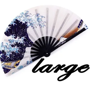 Grande ventaglio kung fu da 33cm con telaio in bambù e stampa d'arte dell'onda.