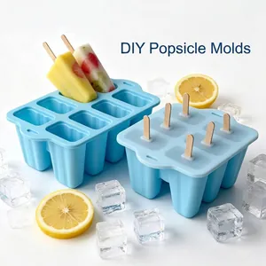 Detail view of blue silicone popsicle molds with 6 and 10 cavities and fruit pops