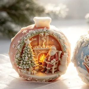Vista detallada de vela esférica de Navidad con Papá Noel y chimenea hecha con molde