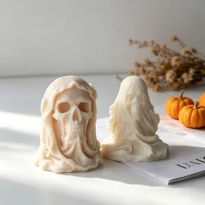 Detailed macro view of veiled skull candles with intricate textures for Halloween decor