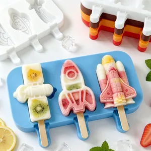 Detailed view of space-themed silicone ice pop molds featuring fruit-filled rocket popsicles