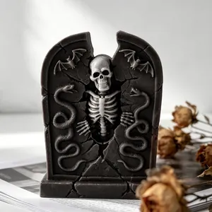 Detailed view of Halloween tombstone silicone mold with skeleton and bat design