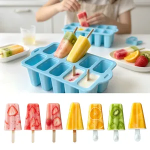 Detail view showing colorful fruit popsicles made with a blue 10-cavity silicone mold