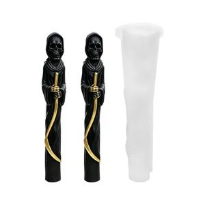 Detailed view of the Grim Reaper silicone candle mold and finished black candles