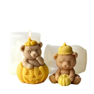 DIY Halloween pumpkin bear silicone candle mold with adorable finished wax bear samples