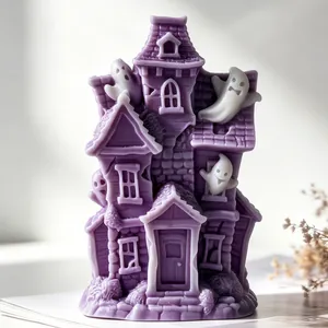 Detailed macro shot of a purple Halloween haunted house candle mold with ghosts.