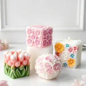 3D Flower Cube Silicone Mold For Aromatherapy Candle Relief Floral Ball Design DIY Handmade Soap Craft Mold