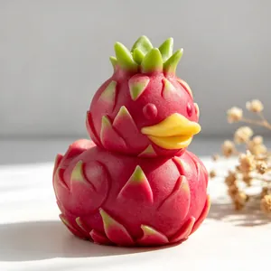 Detailed view of dragon fruit shaped duck candle with realistic fruit peel textures