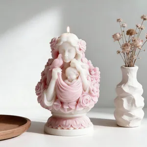 Handmade artistic mother and baby candle sculpture with pink roses for Mother's Day