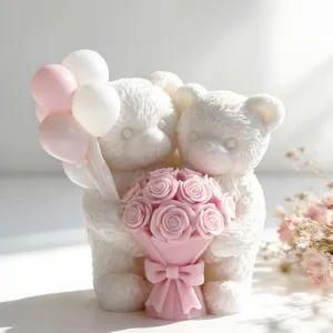 Molde de Silicona de Oso de Pareja Con Diseño de Flor de Rosa DIY Vela de Aromaterapia Molde de Yeso para Regalo de San Valentín