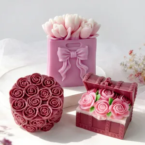 Moule en Silicone pour Bougie Parfumée Cylindre Rose de la Saint-Valentin Bouquet de Tulipes Coffre au Trésor Savon en Plâtre