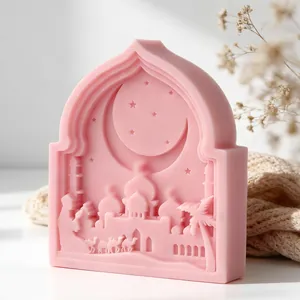 Detail view of a pink silicone mold featuring a 3D crescent moon and mosque relief