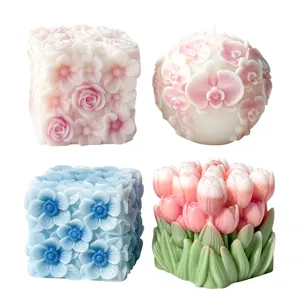 Floral scented candle silicone molds featuring rose, orchid, and tulip relief patterns