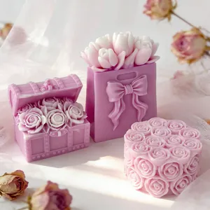 Vue macro détaillée des moules en silicone en forme de rose et de tulipe pour bougies DIY