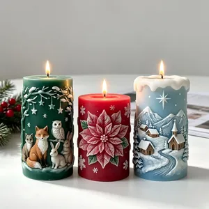 Christmas 3D Relief Cylinder Silicone Mold For Candle Plaster DIY Ornament Making Forest Animal Snowy Village Poinsettia Pattern Decoration