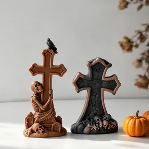 Close-up of Halloween cross tombstone and skeleton silicone molds for DIY scented candles