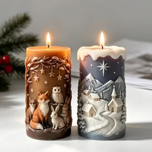Exquisite 3D relief Christmas scented candles with forest animals and snow village