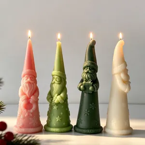 Handcrafted set of 4 Santa Claus gnome candles with lit flames for Christmas home decor