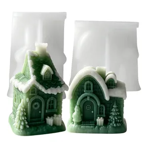 Snow house scented candle silicone molds for DIY Christmas cottage ornaments.