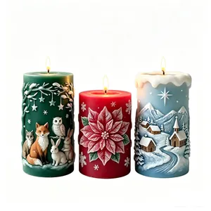Three 3D embossed Christmas pillar candles featuring forest animals and winter village scenes
