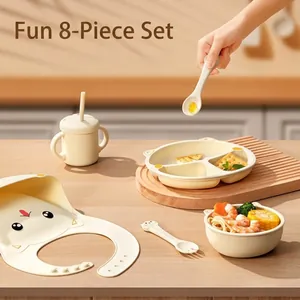 Baby Silicone Tableware Collection Food Grade Suction Plate Cartoon Cat Bib Bowl Cup Spoon Fork Infant Training Feeding Tableware